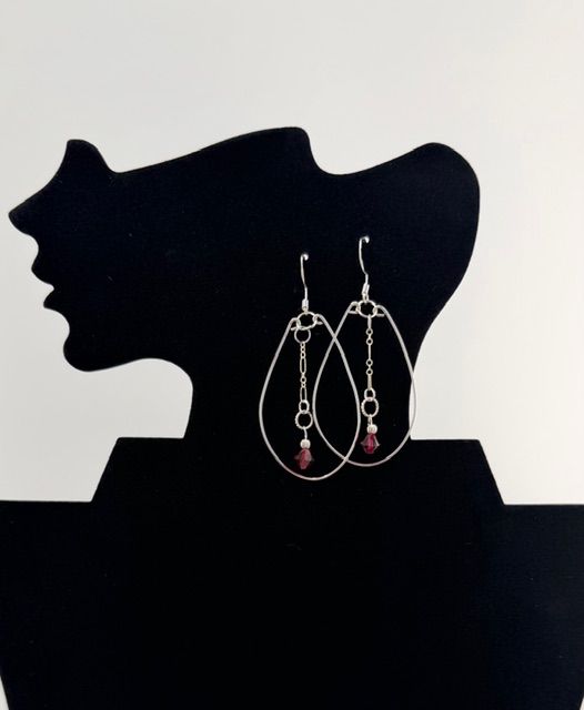 Silver-Plated Tear-Drop Hoop Earrings with Crimson Swarovski Crystal Drop