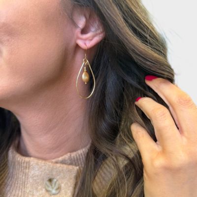 14k Gold-Plated Teardrop Hoop Earrings with a Genuine Pearl Drop
