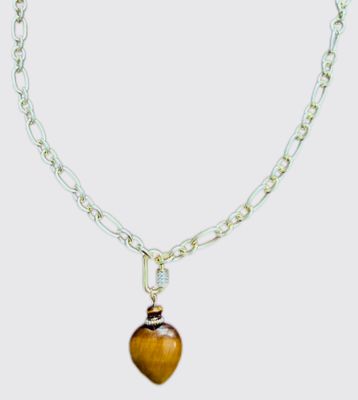 Chunky Gold Necklace with Tiger Eye Stone Heart