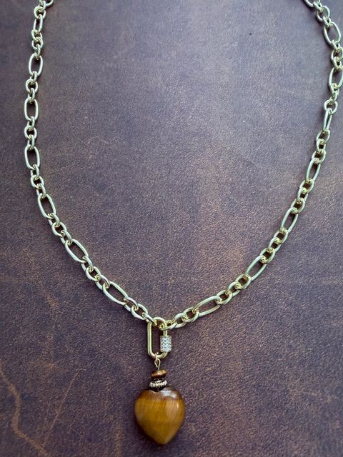 Chunky Gold Necklace with Tiger Eye Stone Heart
