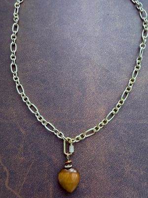 Chunky Gold Necklace with Tiger Eye Stone Heart