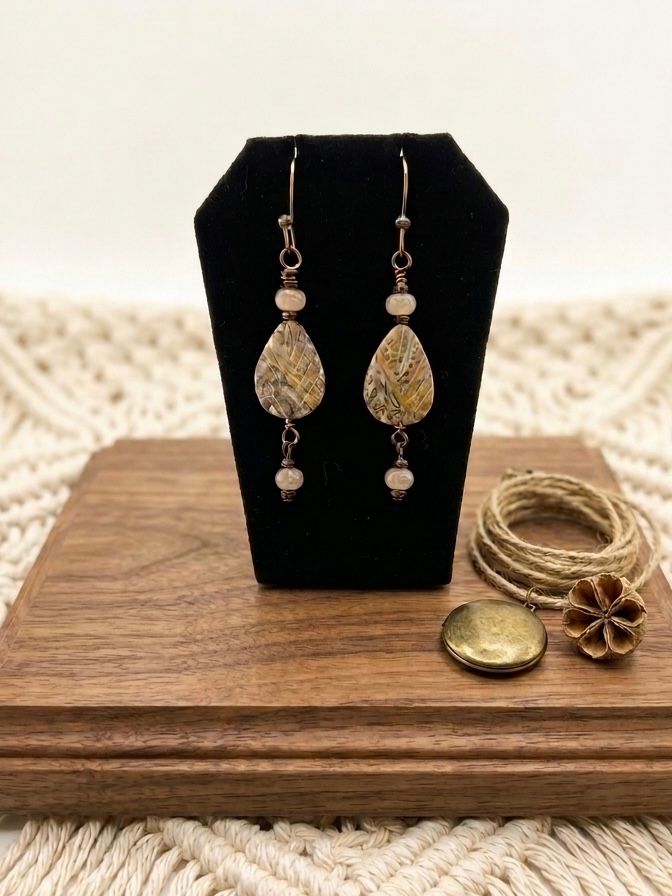 Autumn Leaf Carved Jasper Drops - Boho Chic Earrings