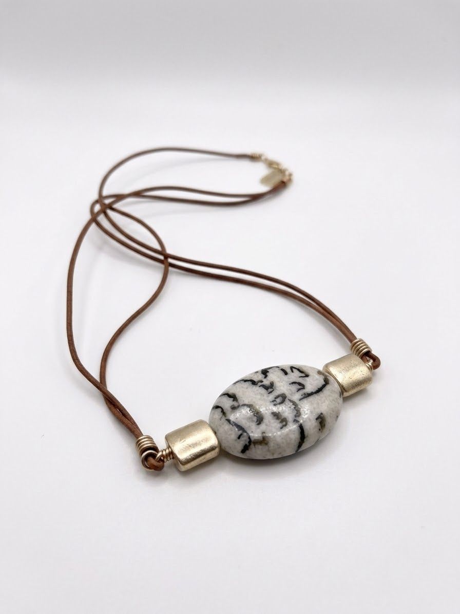 Zebra Jasper &amp; Brass Leather Necklace