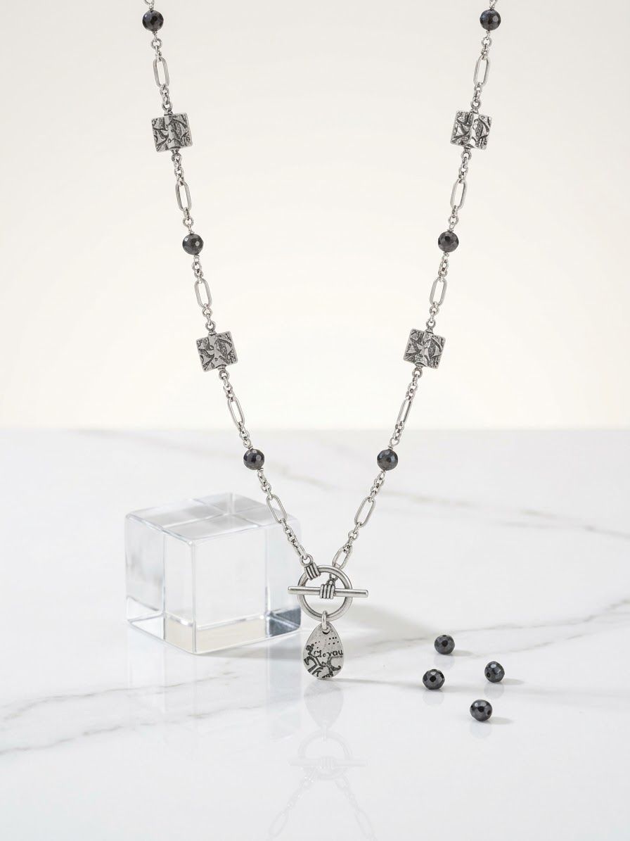 Handcrafted Pewter &amp; Blackstone Front -Toggle Statement Necklace and Earring Set