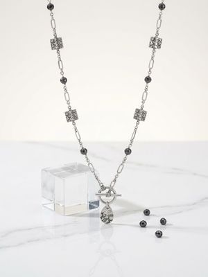 Handcrafted Pewter &amp; Blackstone Front -Toggle Statement Necklace and Earring Set