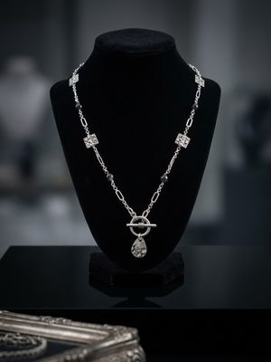 Handcrafted Pewter &amp; Blackstone Front -Toggle Statement Necklace and Earring Set