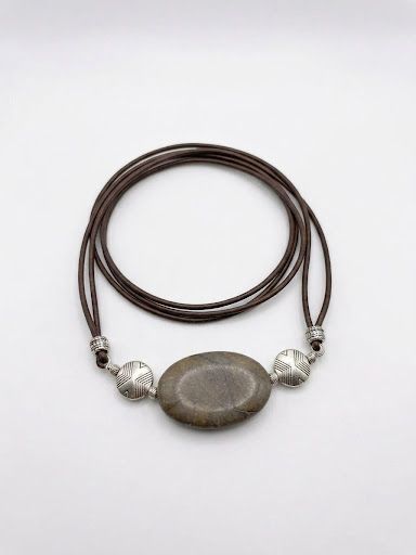 Grey Silk Jasper Stone Artisan Necklace on Leather