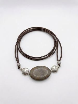 Grey Silk Jasper Stone Artisan Necklace on Leather