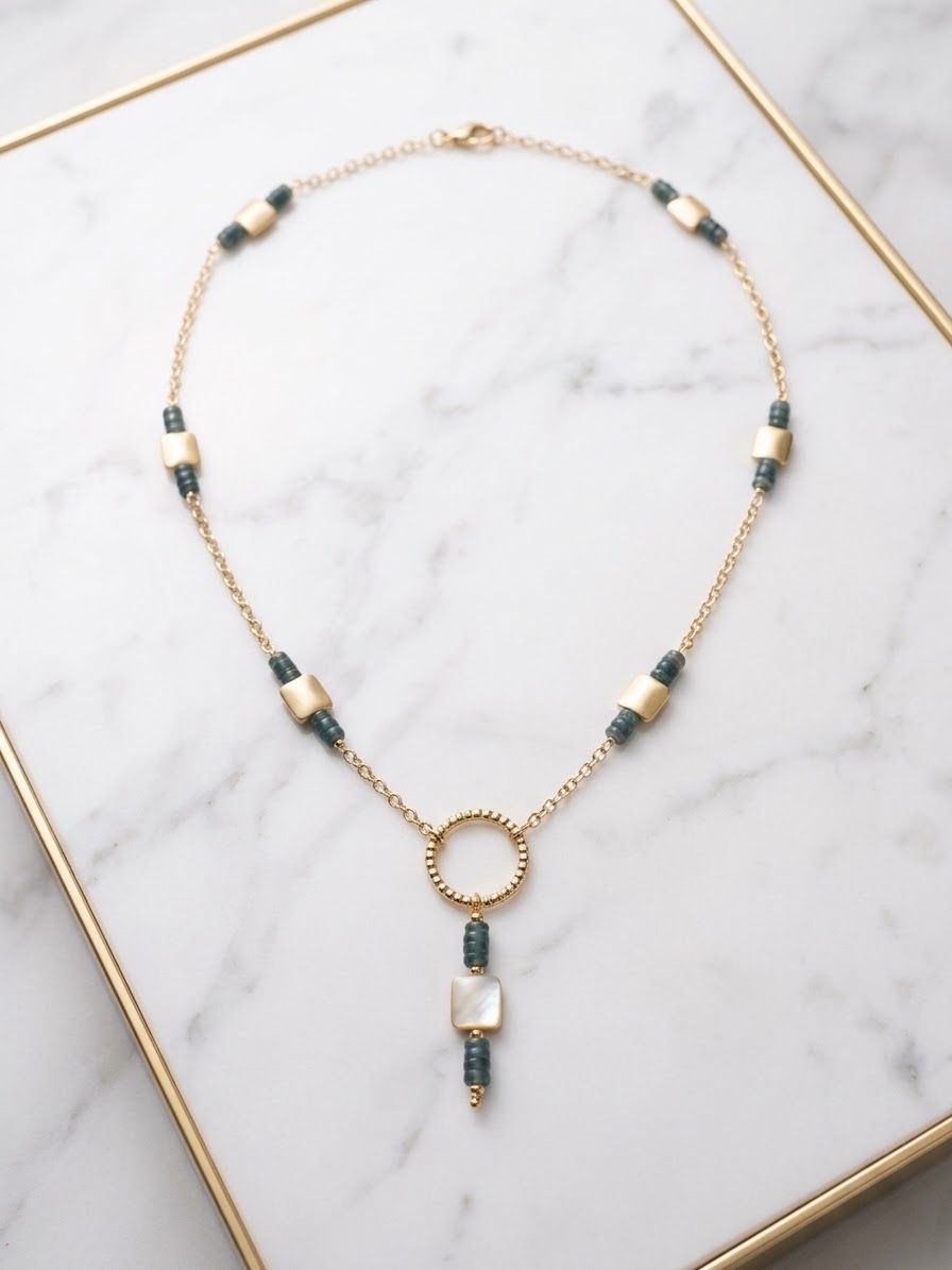 Aqua Jade and Brushed Brass Y-Necklace/Handcrafted Lariat Drop