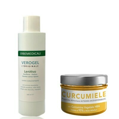 Trattamento Completo GAMBE SENZA RIPOSO: 1 Verogel Lenitivo 200ml + 1 Curcumiele 110g Trattamento Completo GAMBE SENZA RIPOSO: 1 Verogel Lenitivo 200ml + 1 Curcumiele 110g