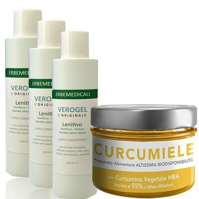 Maxi Trattamento GAMBE SENZA RIPOSO: 3 Verogel Lenitivo 200ml + 1 Curcumiele Grande 230g Maxi Trattamento GAMBE SENZA RIPOSO: 3 Verogel Lenitivo 200ml + 1 Curcumiele Grande 230g