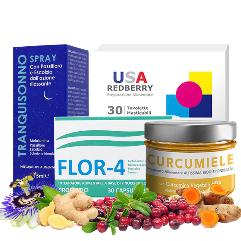 KIT SALUTE - 1 Usa Redberry + 1 Curcumiele 110 gr. + 1 Tranquisonno + 1 Flor4 KIT SALUTE - 1 Usa Redberry + 1 Curcumiele 110 gr. + 1 Tranquisonno + 1 Flor4