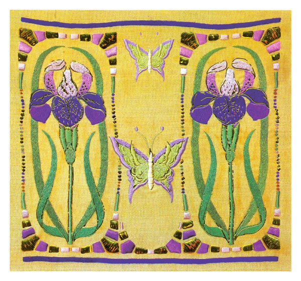 Art Nouveau embroidery purple irises butterflies