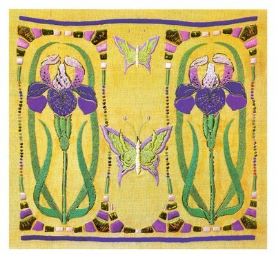 Art Nouveau embroidery purple irises butterflies
