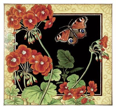 Jackfield tile museum card - Geranium &amp; Peacock Butterfly