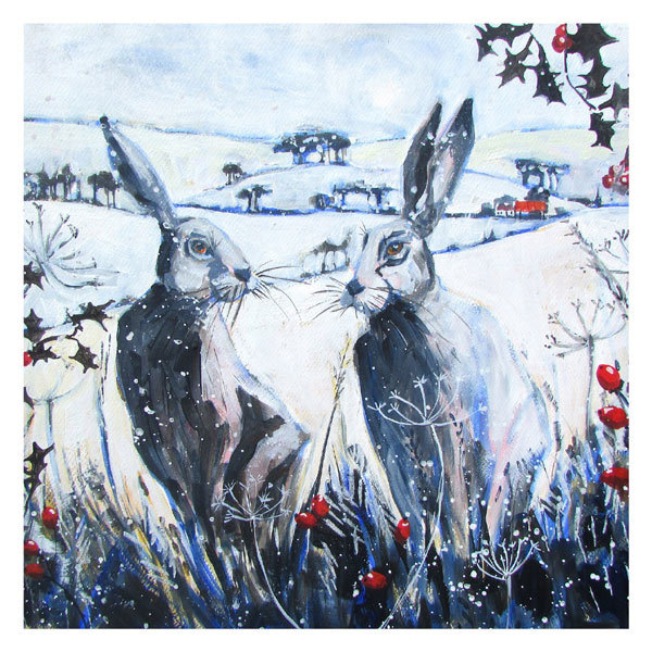 Pack of 8 cards - hares in winter