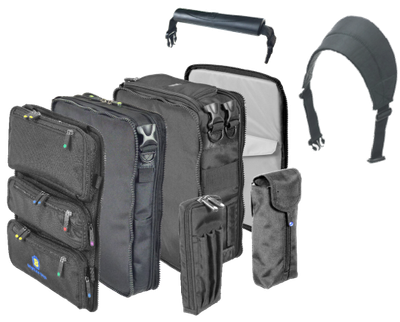 Modulaire BrightLine flight bag – uit elkaar gehaald (exploded view) met zichtbare vakken, modules en accessoires