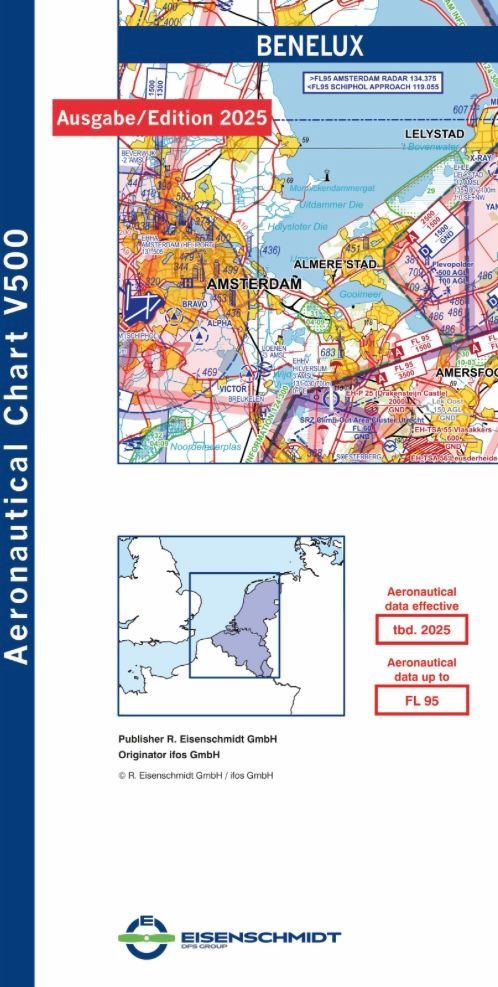 Detail van de Aeronautical Chart V500 – Benelux, met topografie en luchtvaartinformatie voor VFR-vluchten Nederland, Belgie