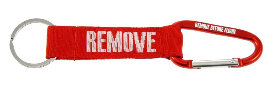 Rode REMOVE BEFORE FLIGHT sleutelhanger met karabijnhaak en sleutelring, geschikt voor luchtvaartgebruik en bagage tag
