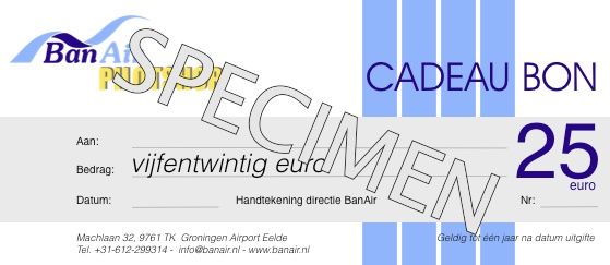 BanAir cadeaubon van 25 euro – fysiek uit te geven in pilootshop op Groningen Airport Eelde