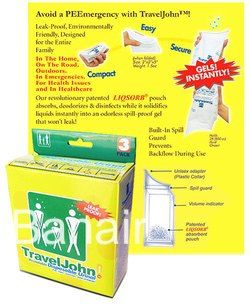 Verpakking van TravelJohn plaszak – hygiënisch, gelvormend, wegwerp plaszak met unisex opening