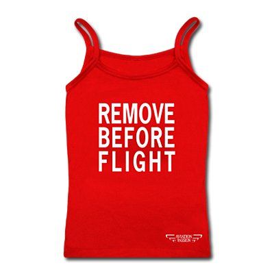 Red tank top with white “Remove Before Flight” text – women’s aviation shirt