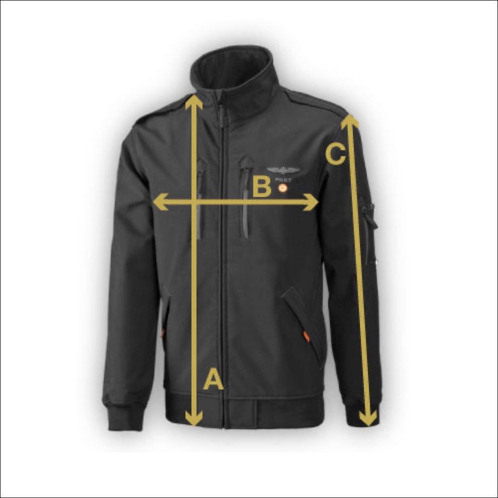 Zwarte softshell pilotenjas met met uw eigen club-embleem op de mouw, geschikt voor luchtvaartliefhebbers en clubleden.