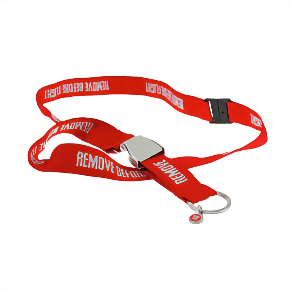 Lanyard “REMOVE BEFORE FLIGHT” with aircraft seatbelt buckle