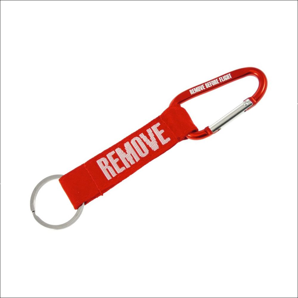 REMOVE BEFORE FLIGHT keychain red with white text – carabiner and keyring