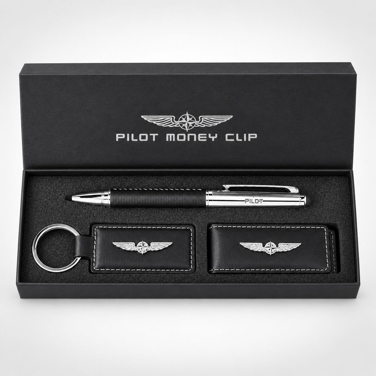 Pilot Money Clip Set with key chain pen and money clip in black gift box