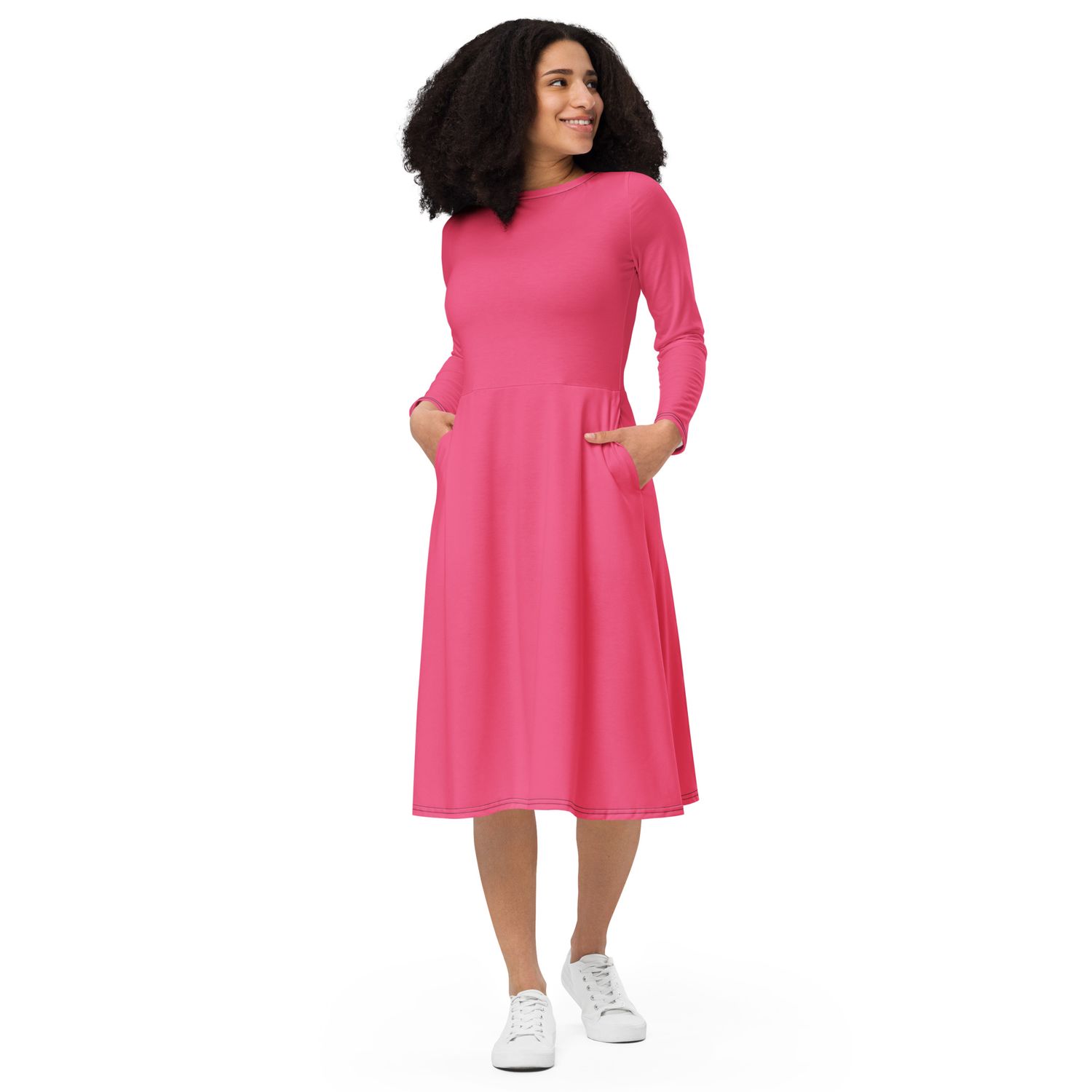 Pink Long Sleeve Midi Dress