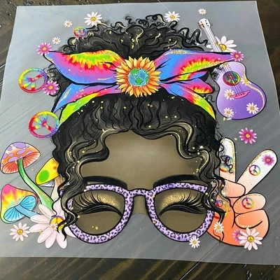 Hippie Messy Bun (D) - DTF Transfer - 9&quot; x 8.8&quot;