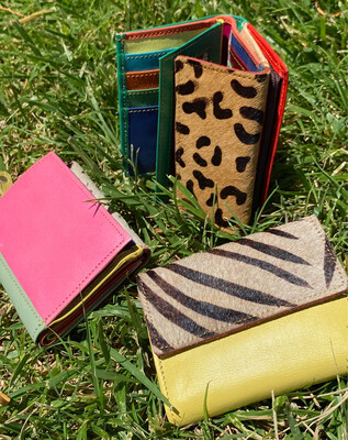 Trifold Cowhide Leather Wallet - Bright Colors with Fur