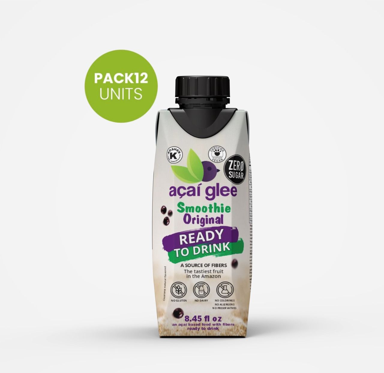 Pack 12 units | Açaí Glee Smoothie Ready to Drink ZERO SUGAR 8.45 fl oz (250 ml)
