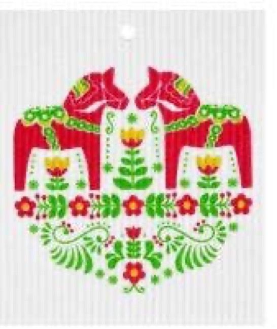 Red &amp; Green Dala Horses Swedish Wash Towel