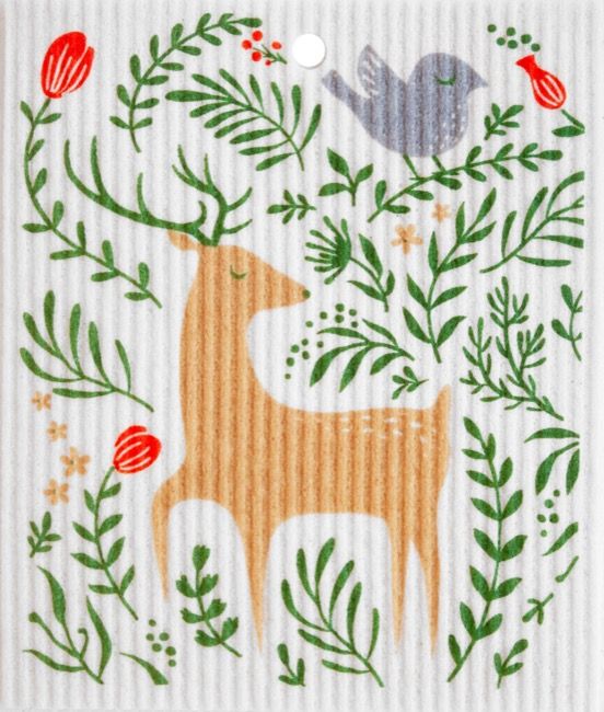 Swedish Wash Towel, Floral Deer &amp; Bird