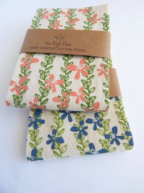 The High Fiber - Floral Kitchen Towel, ÄHandprinted Towel, Floral Vine Pink and Green Vines on Natural