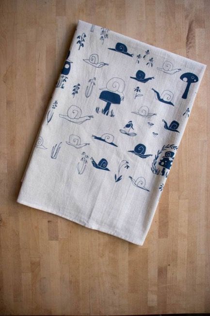 Snails Towel, Handprinted Cotton Kitchen Towel