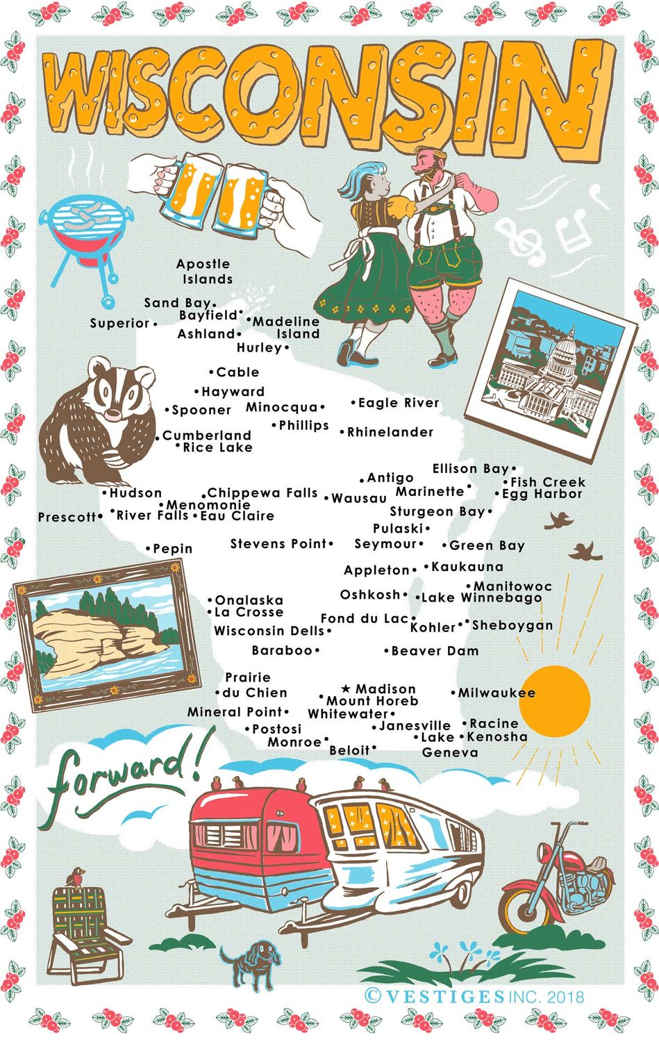 Wisconsin State Icons Tea Towel