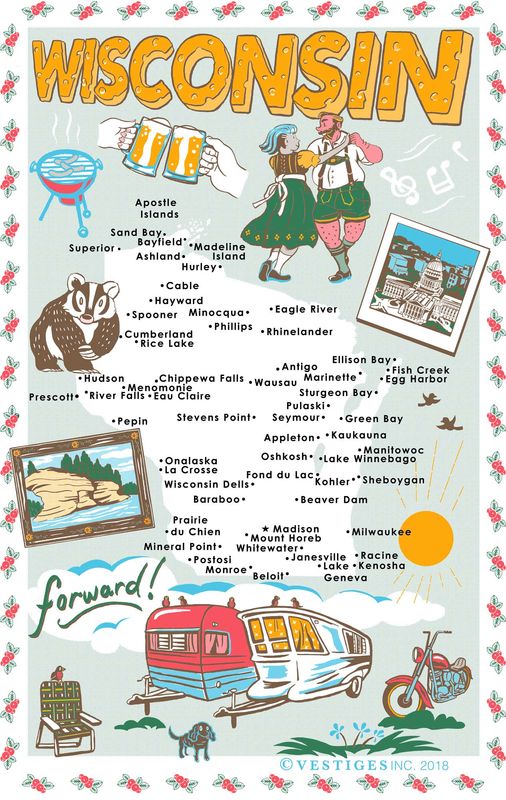 Wisconsin State Icons Tea Towel