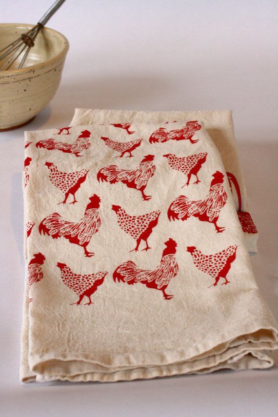 Handprinted Chicken Kitchen Towel Red on Natural