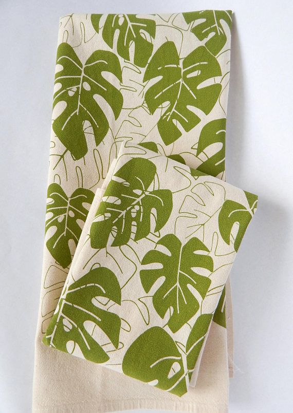 Handprinted Monstera Kitchen Towel Moss on Natural