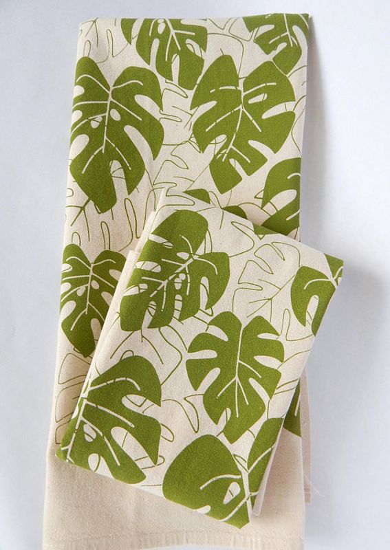 Handprinted Monstera Kitchen Towel Moss on Natural