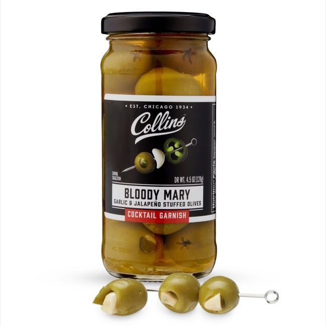 Bloody Mary Jalapeno &amp; Garlic-Stuffed Cocktail Olives | Collins