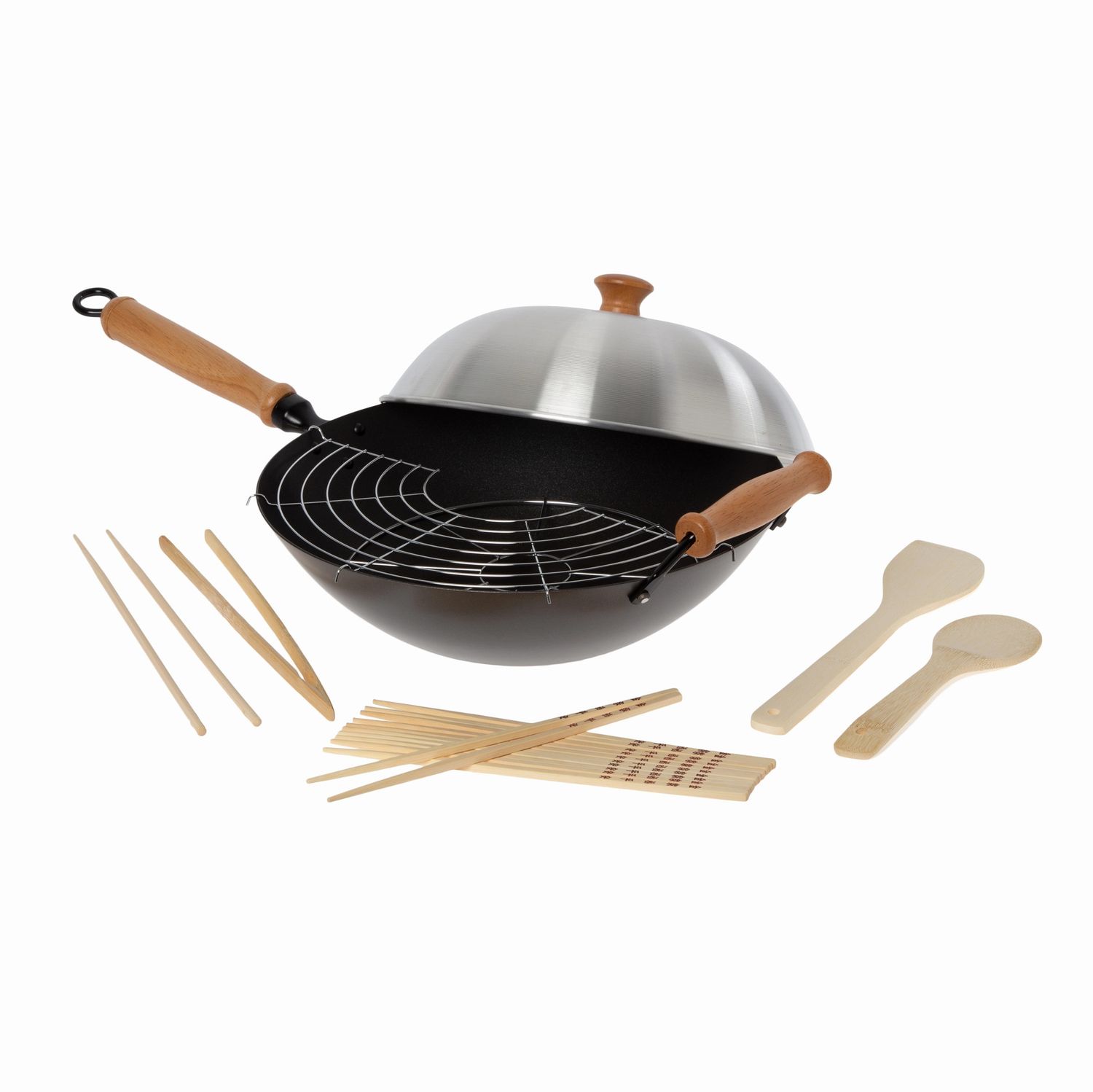 Joyce Chen Professional Series 14-Inch Carbon Steel Excalibur Nonstick Flat Bottom Wok Set with Lid and Maple Handles, 10 Pieces