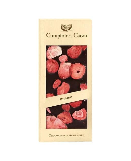 Comptoir du Cacao Dark choc bar w/ strawberries