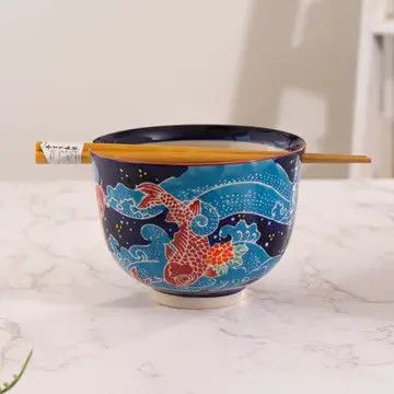 Koi Fish Design 18oz 5.25&quot;D Bowl With Chopsticks Set