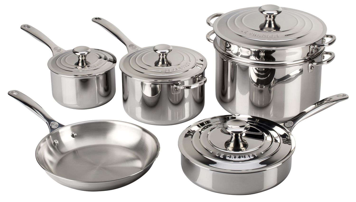 10 Piece Set (10&quot; Fry Pan, 2 &amp; 4 qt. Saucepans w/ Lids, 3 qt. Saute Pan w/ Lid, 9 qt. Stockpot w/ Lid &amp; Deep Colander Insert) | Le Creuset