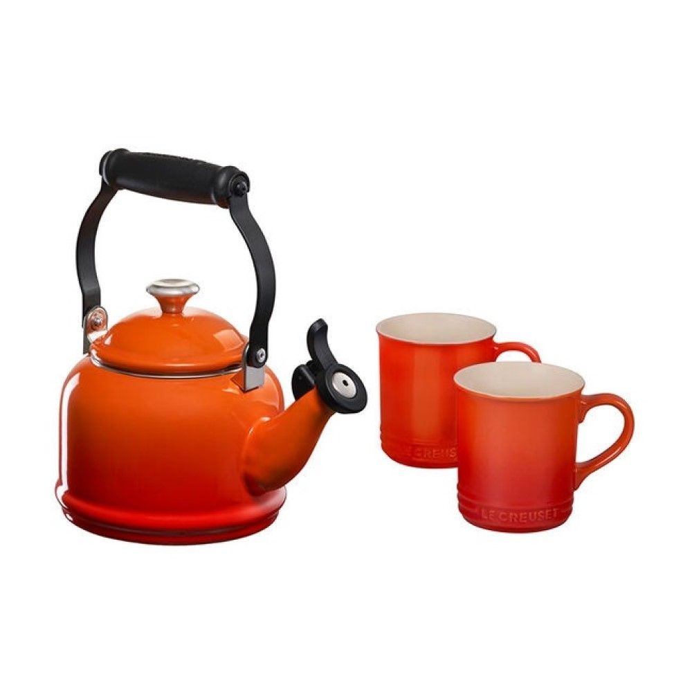 Demi Kettle w/ SS Knob &amp; 2 Mug Set - Flame, 1.25 qt. Kettle &amp; (2) 14 oz. Mugs | Le Creuset