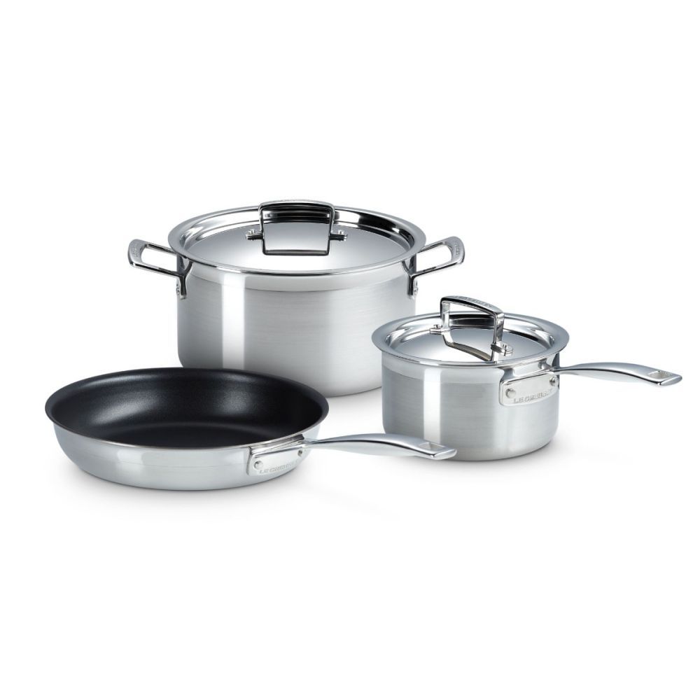 5 Piece Set Classic Stainless Steel (9.5 in. Classic Non-stick Frying Pan, Classic Stockpot with Lid, Classic Round Saucepan with Lid) | Le Creuset